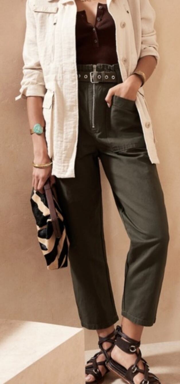 Banana Republic Dark Olive High Waisted Wide Leg Paperbag Pants with Belt 00P